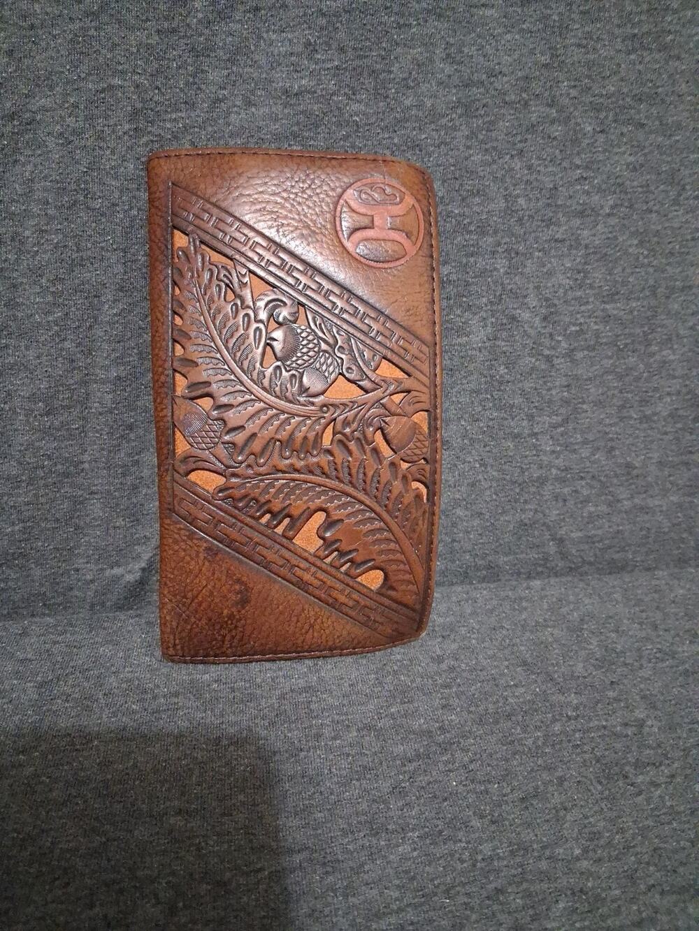 Hooey Mens Orange & Brown Long Bifold Leather Wallet Western Tooled Cowboy